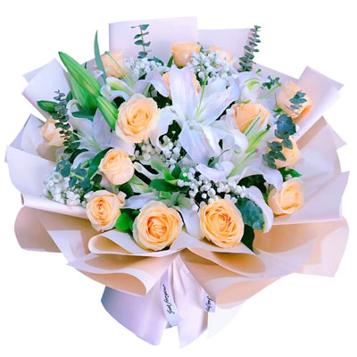 保山16朵香槟玫瑰2支百合，爱的温暖和幸福